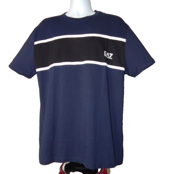 NWT Men’s EMPORIO ARMANI EA7 Cotton Blue T Shirt Color Block Embellished Size XL - Picture 3 of 7